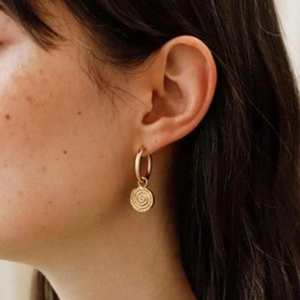 18K Gold Plated Raisin Bread Spiral Charm Hoop‎ Earrings Yellow Gold Dangle